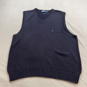 Polo Ralph Lauren Men's XL Navy Blue V Neck Knit Vest Sweater 100%‎ Cotton EUC